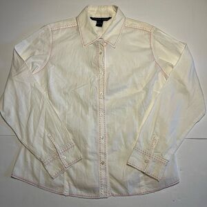 Catherine Stewart Shirt Women Large White With Pink Trim Button Up Cotton Shirt